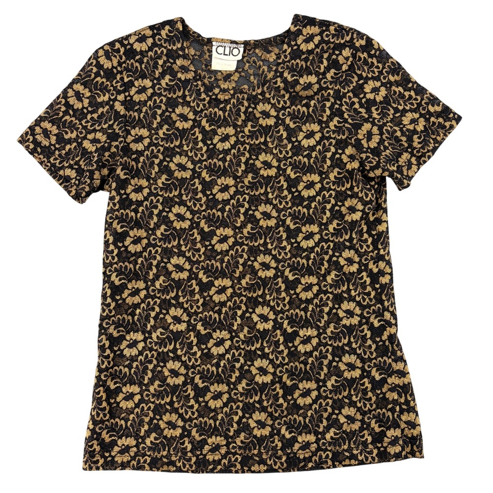 Clio Vintage 90s Gold Black Floral Lace Stretch Short Sleeve Top Medium Glam M